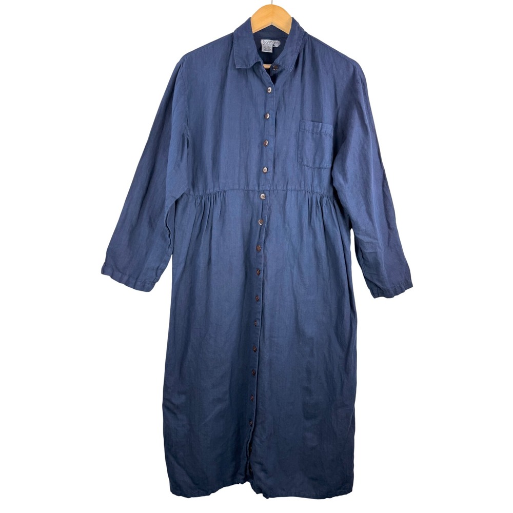 Bohemia Linen blend shirt midi Dress 90s coastal boho lagen look navy sz M‎